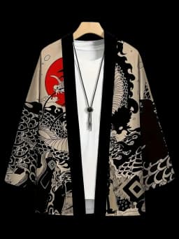 Mens Kimono Shirt Y2K Tops Kimono Cardigans Chinese Dragon Hip Hop Shirt Men Lightweight Cardigans Japanese Kimono Haori Yukata