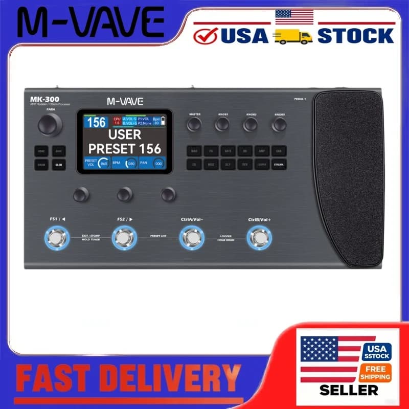 M-VAVE MK-300 Guitar Multi-Effects Processor with 3.5 Inch Screen, 150s Looper, 128 Amps Battery for Electric Guitar and Bass