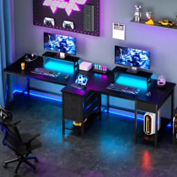 Satifur 93 inch 2-person Office Desk with Power Sockets and LED Lights,61in Computer Desk,Home Work Desk,Monitor Stands, Drawers