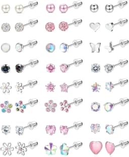24Pairs Stainless Steel Stud Earrings for Women CZ Screw Back 4mm Tiny Flat Back Studs Cute Dainty Jewelry Gift Set 16G 18G