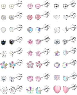 24Pairs Stainless Steel Stud Earrings for Women CZ Screw Back 4mm Tiny Flat Back Studs Cute Dainty Jewelry Gift Set 16G 18G