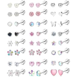 24Pairs Stainless Steel Stud Earrings for Women CZ Screw Back 4mm Tiny Flat Back Studs Cute Dainty Jewelry Gift Set 16G 18G