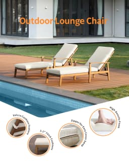 SeeHill 2-Pack Teak Aluminum Pool Chaise Lounge Chairs with Cushions, Adjustable Patio Loungers for Beach, Yard or Poolside