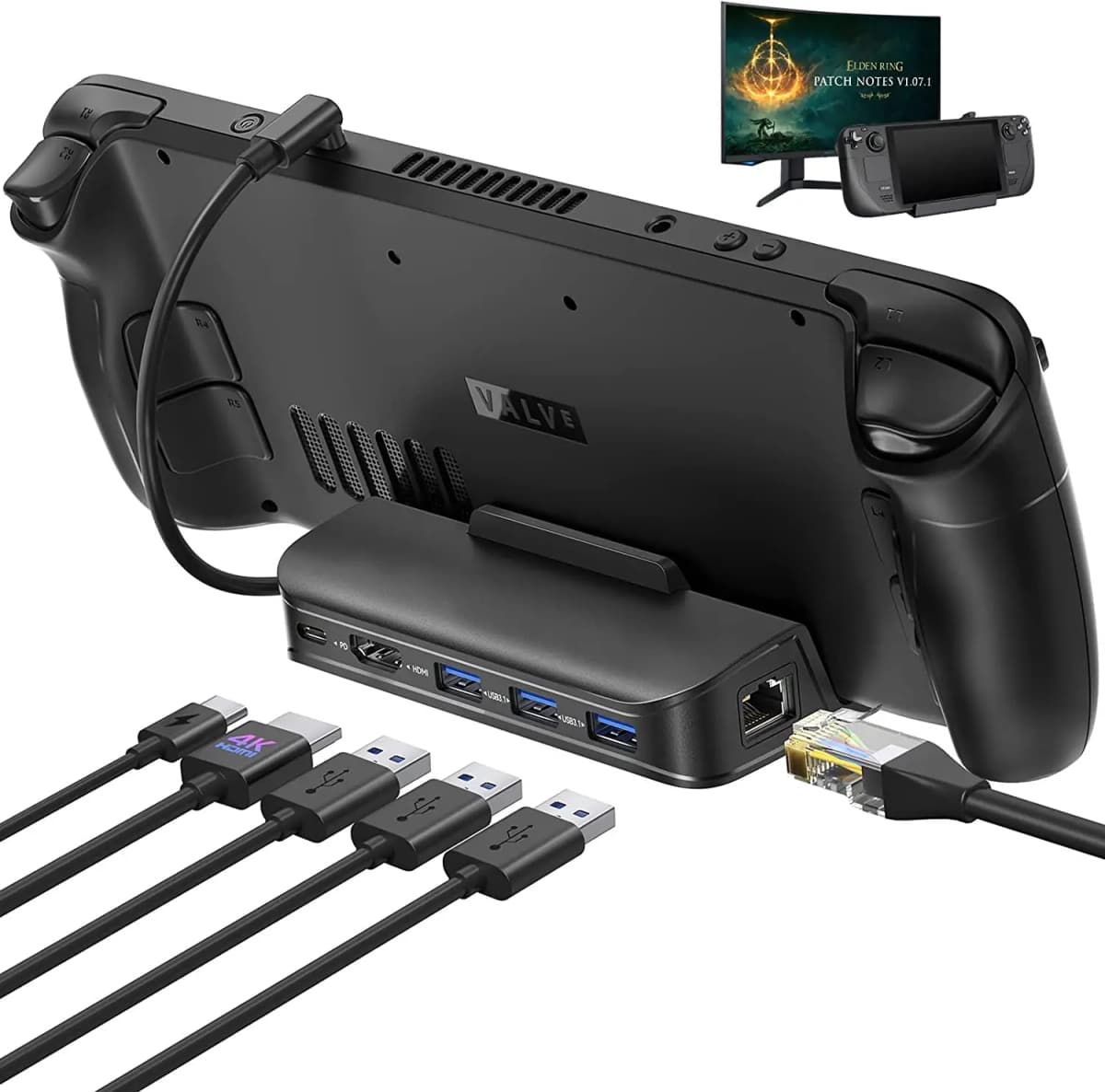 NEWDERY Steam Deck Dock 6 in 1 Steam Deck Rog Ally Docking Station Stand 3*USB 3.0 HDTV 4K@60Hz Gigabit Ethernet PD 100W Hub