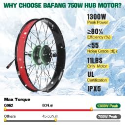 Bafang 750W Fat Tire Ebike Conversion Kit, G062 Rear Hub Motor Kit for Electric Bicycle, 20" 26" Option, 1300W Peak Power