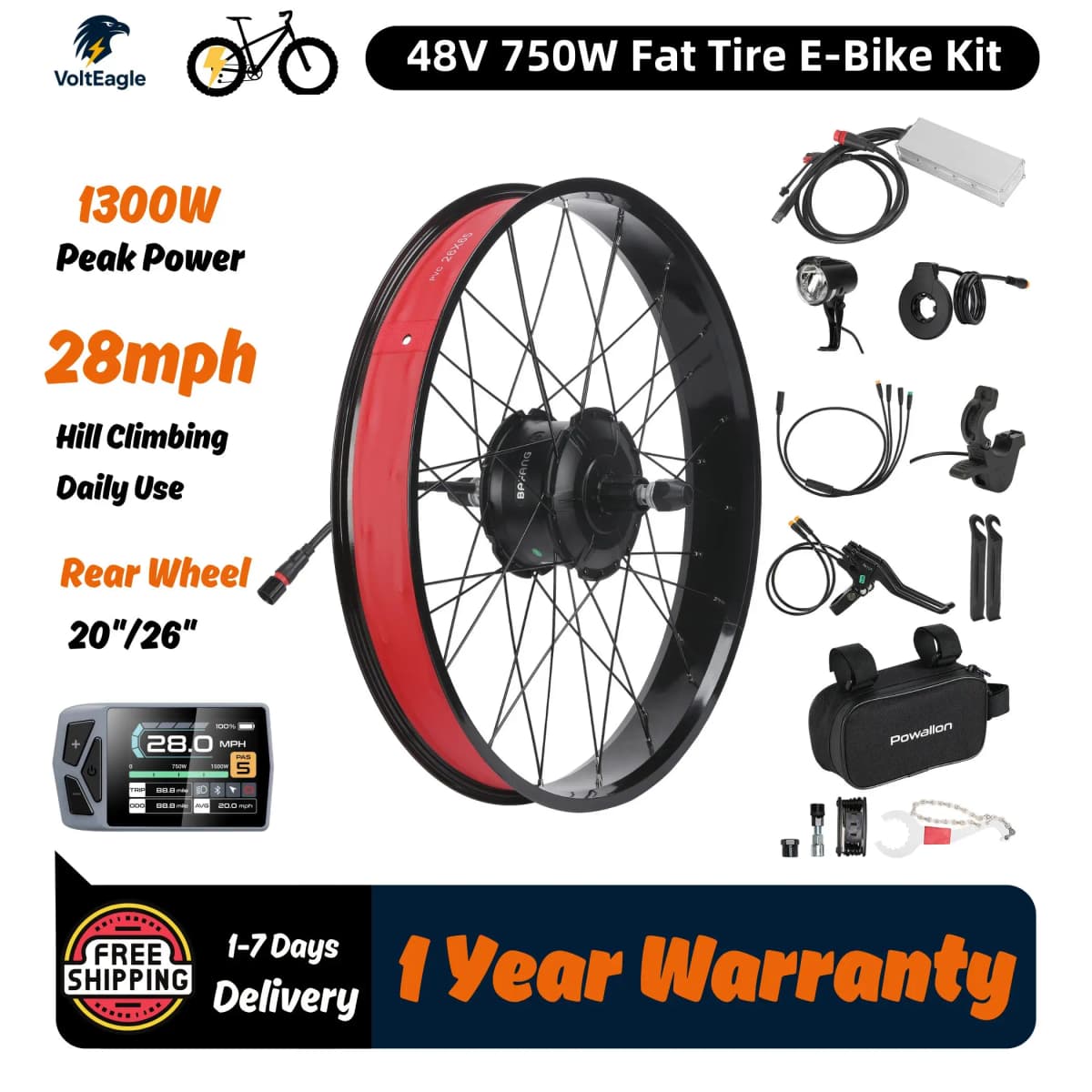 Bafang 750W Fat Tire Ebike Conversion Kit, G062 Rear Hub Motor Kit for Electric Bicycle, 20" 26" Option, 1300W Peak Power