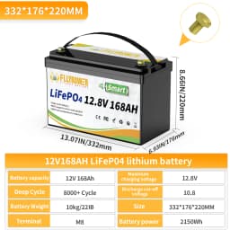 FLLYROWER 12V 168AH LiFePO4 Lithium Battery Pack With Bluetooth BMS 8000+Cycles For Touring Campers Off-Road Solar Wind Battery
