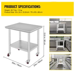 SucceBuy Stainless Steel Kitchen Worktable Shelves Commercial Work Bench Table with Caster Wheels for Home Restaurant Storage
