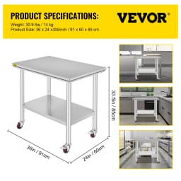 SucceBuy Stainless Steel Kitchen Worktable Shelves Commercial Work Bench Table with Caster Wheels for Home Restaurant Storage