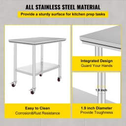 SucceBuy Stainless Steel Kitchen Worktable Shelves Commercial Work Bench Table with Caster Wheels for Home Restaurant Storage