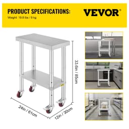 SucceBuy Stainless Steel Kitchen Worktable Shelves Commercial Work Bench Table with Caster Wheels for Home Restaurant Storage
