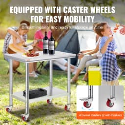 SucceBuy Stainless Steel Kitchen Worktable Shelves Commercial Work Bench Table with Caster Wheels for Home Restaurant Storage