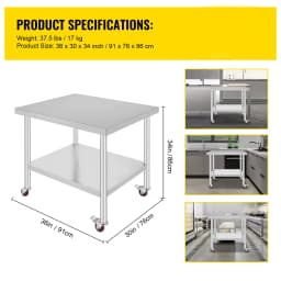 SucceBuy Stainless Steel Kitchen Worktable Shelves Commercial Work Bench Table with Caster Wheels for Home Restaurant Storage