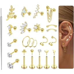 22Pcs 16G Cartilage Earrings for Women-Surgical Stainless Steel Earring Set Flat Back Earrings Nose Studs Helix Piercing Jewelry