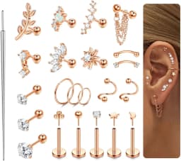 22Pcs 16G Cartilage Earrings for Women-Surgical Stainless Steel Earring Set Flat Back Earrings Nose Studs Helix Piercing Jewelry