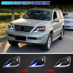LED Headlights for Lexus GX470 2003-2009 Triple Projectors DRL Sequential Indicator Black Housing Front Lamps Pair Assembly