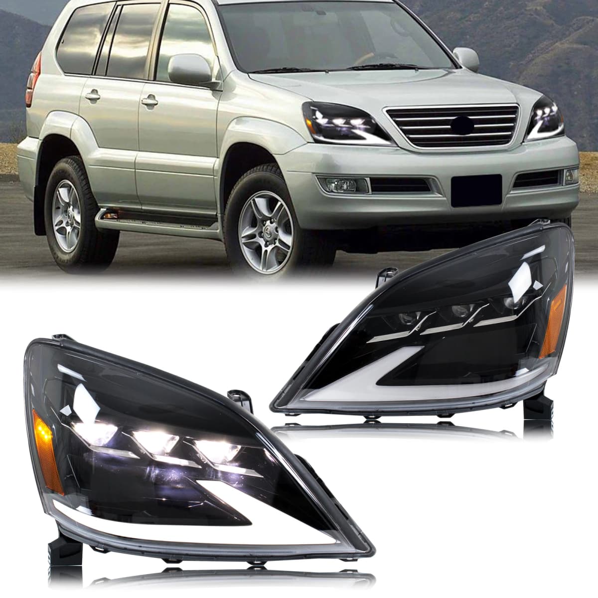 LED Headlights for Lexus GX470 2003-2009 Triple Projectors DRL Sequential Indicator Black Housing Front Lamps Pair Assembly