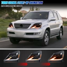 LED Headlights for Lexus GX470 2003-2009 Triple Projectors DRL Sequential Indicator Black Housing Front Lamps Pair Assembly