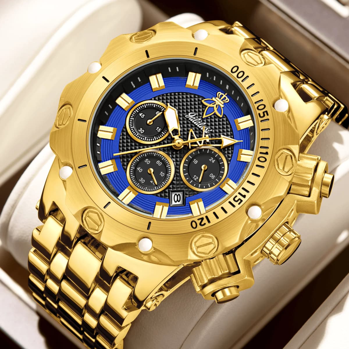 YaLaLuSi Men's Fashion Sport Waterproof Watch Luxury Gold Strap Multifunction Chronograph Wristwatch Free Shipping