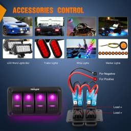 Nilight 4 Gang Rocker Switch Panel with Purple LED Light 5 Pin On Off Pre-Wired Aluminum Toggle Switches Waterproof for 12V/24V Cars Marine Boats ATVs Trailers RV Trucks
