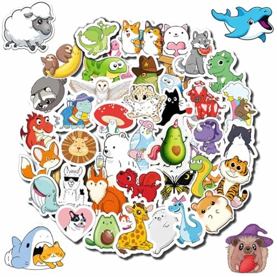 Water Bottle Stickers for : Waterproof Animal Design Assorted Colors No Duplicates Ideal for Classroom Rewards Party Favors Lap