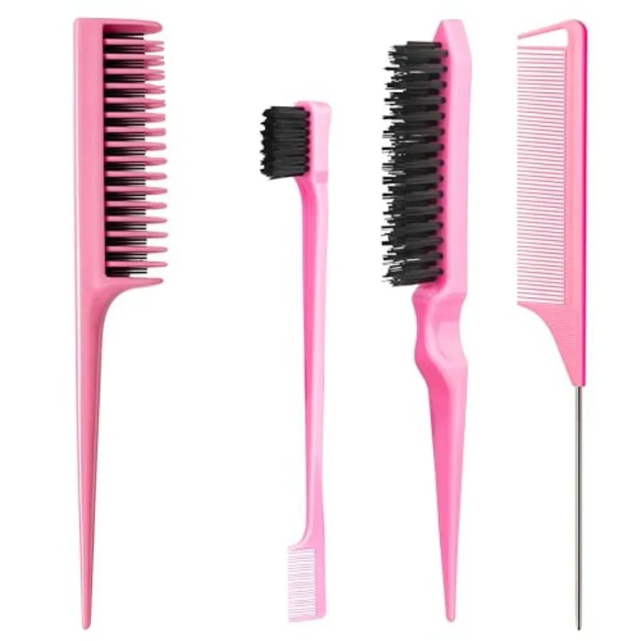 Hair Brush Set for Women and Girls Styling: Pink 4-Piece Three-Row Teasing Comb Edge Brush Rat Tail Comb