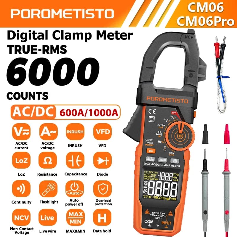 CM06/CM06Pro Auto-ranging Clamp Meter 600A/1000A True RMS Inrush AC DC Voltage Tester Digital Multimeter Ammeter Ohm Capacitance Frequency Temp NCV VFD LoZ Duty Cycle Resistance Diode Continuity with Case Flashlight Test Leads