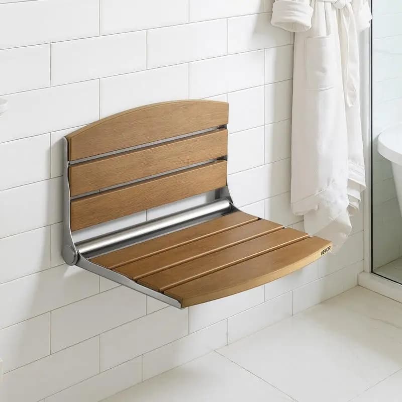 Foldable Shower Seat Wall Mounted, 17.7" Folding Shower Bench with Supportive Backrest, Fold-Down Bathroom Corridor Seat with Stainless Steel Frame for Adults Seniors, 400LBS Loading