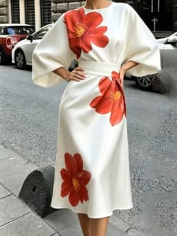 New Fashionable and Elegant Women's Clothing, with a Round Neckline and Deep Red Floral Print, Made of Polyester Fabric, Fluffy Sleeves Paired with a High-Waist Belt, American Size, Shipped from the US Warehouse, Delivered Quickly, Luxurious and Minimalis
