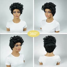 Natural Black Voluminous Fluffy Short Curly Pixie Cut Human Hair Wig, Lightweight Solid Black Bouncy Loose Curl Short Pixie Wig, Full Machine-Made for Daily Wear and Wedding/Birthday Special Occasions