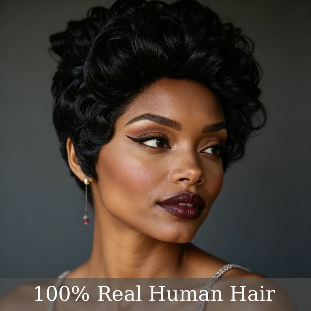 Natural Black Voluminous Fluffy Short Curly Pixie Cut Human Hair Wig, Lightweight Solid Black Bouncy Loose Curl Short Pixie Wig, Full Machine-Made for Daily Wear and Wedding/Birthday Special Occasions
