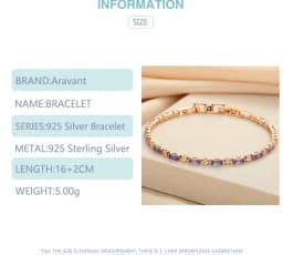 925 Silver 18K Gold Amethyst Bracelet Chain For Women Fashion Jewelry