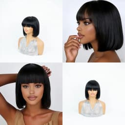 Solid Black Short Blunt Cut Bob Human Hair Wig with Full Bangs- Lightweight Pure Black Sleek Straight Blunt Cut Bob Wig with Thick Fringes, Full Machine Made Easy Wear Bowl Cut Wig for Everyday & Special Occasions