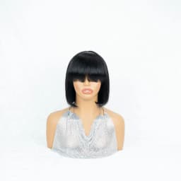 Solid Black Short Blunt Cut Bob Human Hair Wig with Full Bangs- Lightweight Pure Black Sleek Straight Blunt Cut Bob Wig with Thick Fringes, Full Machine Made Easy Wear Bowl Cut Wig for Everyday & Special Occasions