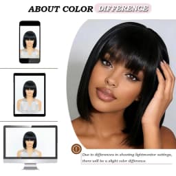 Solid Black Short Blunt Cut Bob Human Hair Wig with Full Bangs- Lightweight Pure Black Sleek Straight Blunt Cut Bob Wig with Thick Fringes, Full Machine Made Easy Wear Bowl Cut Wig for Everyday & Special Occasions