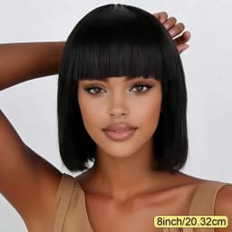 Solid Black Short Blunt Cut Bob Human Hair Wig with Full Bangs- Lightweight Pure Black Sleek Straight Blunt Cut Bob Wig with Thick Fringes, Full Machine Made Easy Wear Bowl Cut Wig for Everyday & Special Occasions