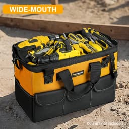 Tool Bag, Open Top Tool Organizer Bag with 14 Pockets, Adjustable Shoulder Strap, Soft Handle and Durable Zipper | Heavy Duty Tool Bags for Men, Father’s Day (Yellow/Black)