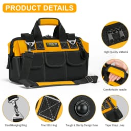 Tool Bag, Open Top Tool Organizer Bag with 14 Pockets, Adjustable Shoulder Strap, Soft Handle and Durable Zipper | Heavy Duty Tool Bags for Men, Father’s Day (Yellow/Black)