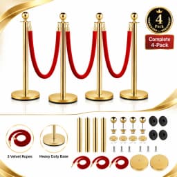 4/8Pcs Gold Stanchion Posts with Velvet Ropes, Stainless Steel Crowd Control Barrier Set, 96cm Queue Poles with Fillable Bases for Red Carpet Wedding Exhibition Events