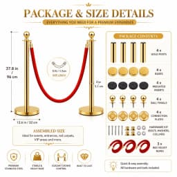 4/8Pcs Gold Stanchion Posts with Velvet Ropes, Stainless Steel Crowd Control Barrier Set, 96cm Queue Poles with Fillable Bases for Red Carpet Wedding Exhibition Events
