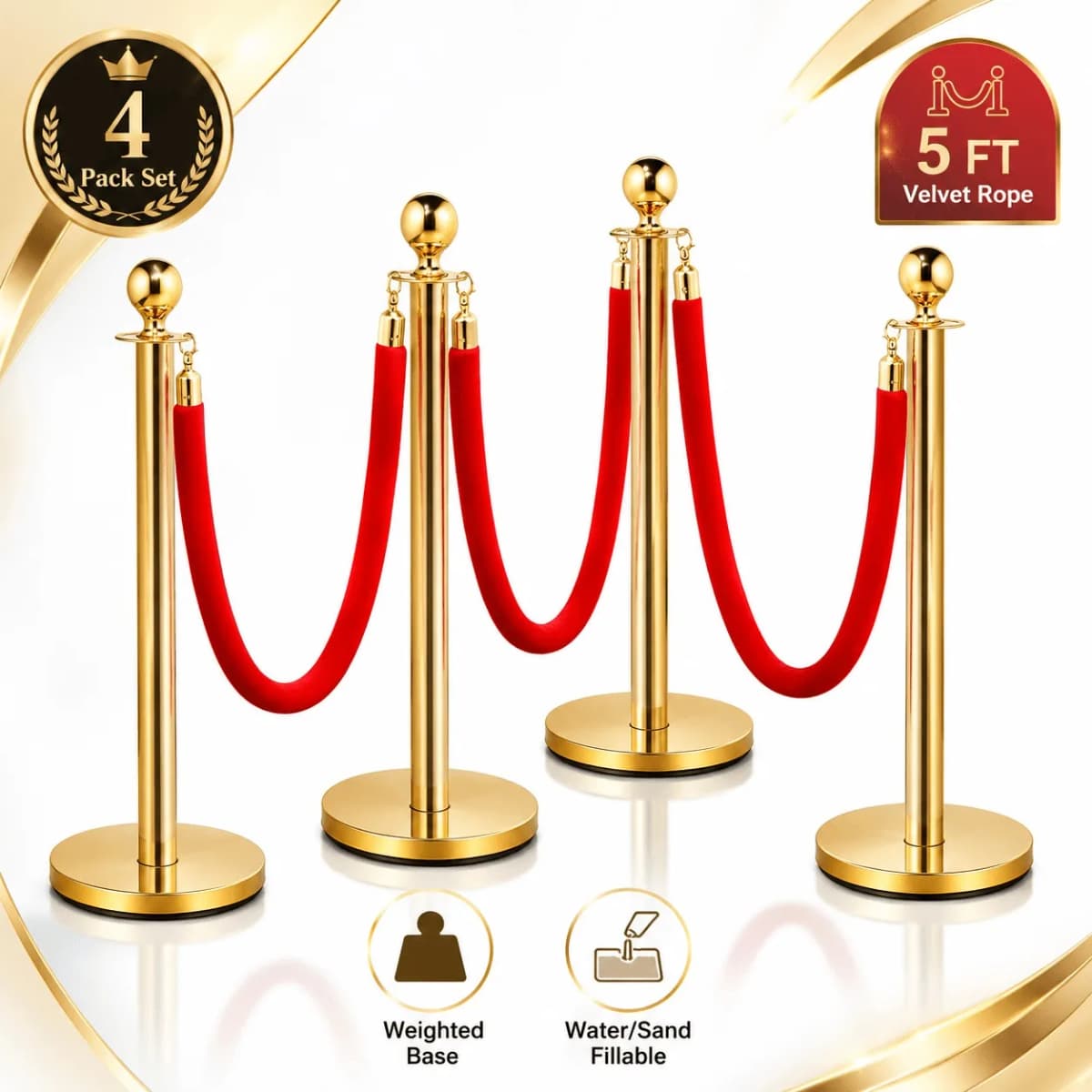 4/8Pcs Gold Stanchion Posts with Velvet Ropes, Stainless Steel Crowd Control Barrier Set, 96cm Queue Poles with Fillable Bases for Red Carpet Wedding Exhibition Events
