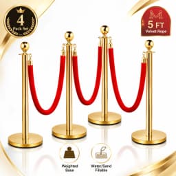 4/8Pcs Gold Stanchion Posts with Velvet Ropes, Stainless Steel Crowd Control Barrier Set, 96cm Queue Poles with Fillable Bases for Red Carpet Wedding Exhibition Events