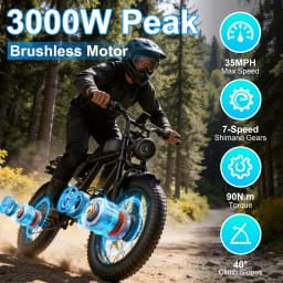 FLIWIN 3000W Dual Motors Electric Bike, 48V 35Ah Battery, 20" Fat Tire Ebike, 7-Speed with Dual Suspension, UL 2849, US Warehouse, 1 Year Warranty