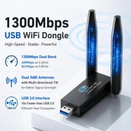 USB 3.0 WiFi Adapter 1300Mbps Dual Band 5GHz 2.4GHz High Gain Antenna Long Range Wireless Network Card for PC Laptop Desktop Windows 11 10 8 7 Vista XP Compatible with AC1300 802.11ac Internet Receiver