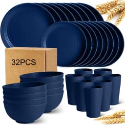 32/16Pcs AYD Wheat Straw Dinnerware Set For 8 People Black Plates Bowls Microwave Dishwasher Safe Durable Reusable Tableware Kit Valentine's Day Gift Household Kitchen Party Dishes Set
