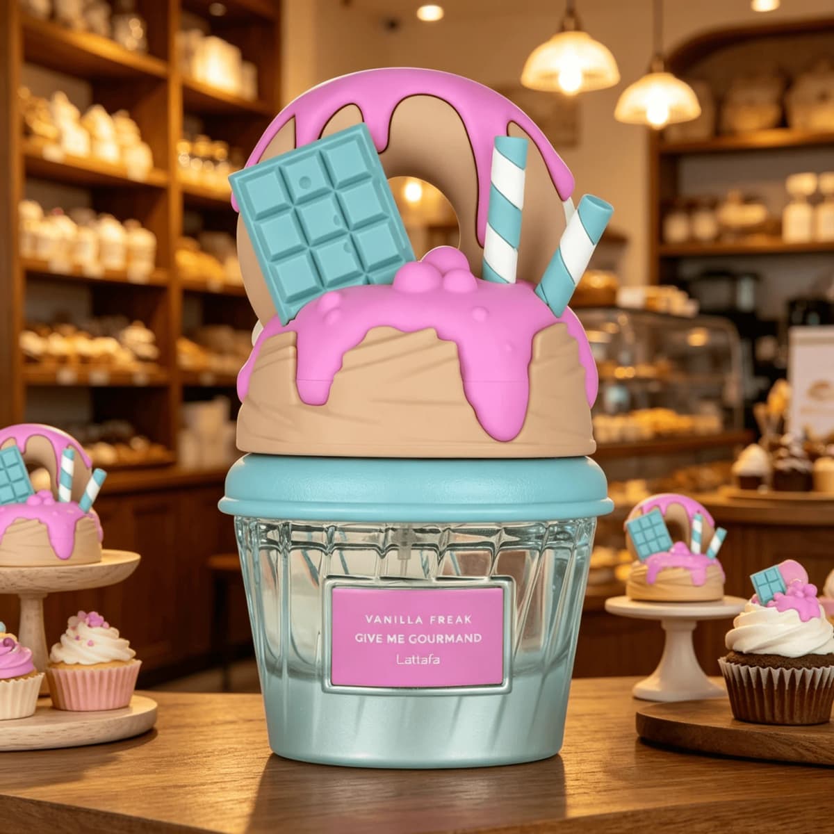 Lattafa Vanilla Freak Give Me Gourmand Eau de Parfum Long Lasting Sweet Rich Vanilla Cream Chocolate Dessert Fragrance Women Perfume Cute 3D Donut Ice Cream Cup Bottle Turquoise Gourmand Scent Birthday Holiday Gift for Ladies