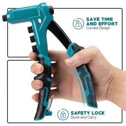 One-Handed Rivet Gun, Pop Rivet Gun Set, Professional Hand Riveter, Manual Riveting Tool with 200 Rivets for Metal, Includes 4 Drill Bits, 4 Tool-Free Interchangeable Heads, Storage Case