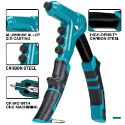 One-Handed Rivet Gun, Pop Rivet Gun Set, Professional Hand Riveter, Manual Riveting Tool with 200 Rivets for Metal, Includes 4 Drill Bits, 4 Tool-Free Interchangeable Heads, Storage Case