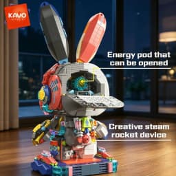 KAVOWORLD 1377PCS Robot Rabbit Building Blocks Set LED Light Up Multi-Point Rotatable Detachable Base DIY Cyberpunk Mecha Building Rabbit Bricks Kit Mechanical Bunny Construction Toy for Home Office Desk Decor Christmas Birthday Gift Teens Adults