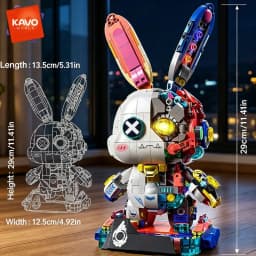 KAVOWORLD 1377PCS Robot Rabbit Building Blocks Set LED Light Up Multi-Point Rotatable Detachable Base DIY Cyberpunk Mecha Building Rabbit Bricks Kit Mechanical Bunny Construction Toy for Home Office Desk Decor Christmas Birthday Gift Teens Adults